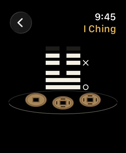 I Ching hexagram built from three bronze coins